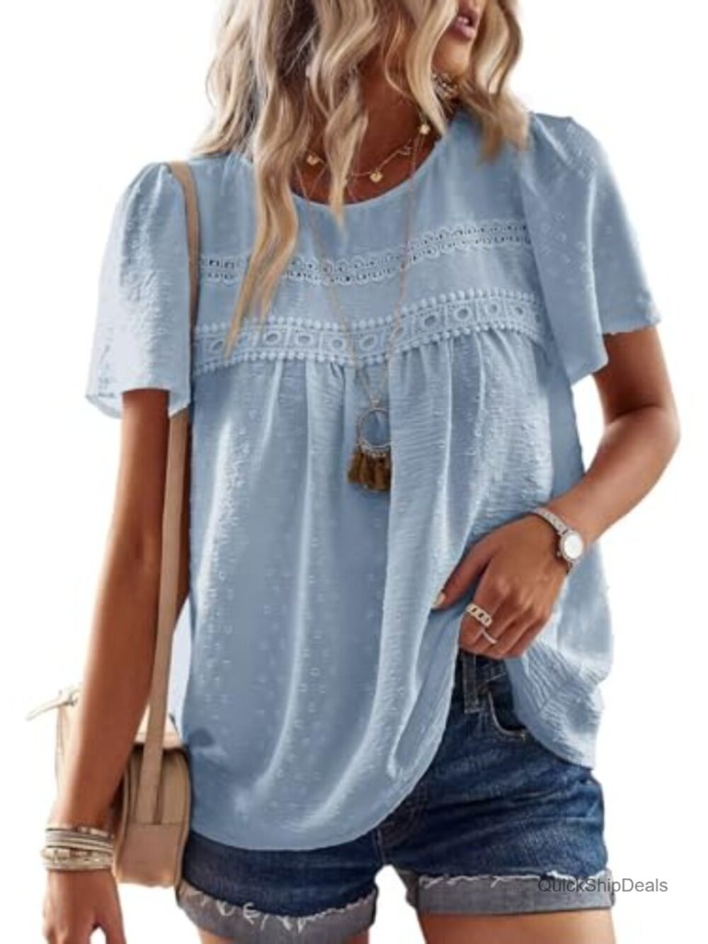 Womens Crewneck Short Sleeve Blouse Lace Hem Boho Flowy Tunic Top